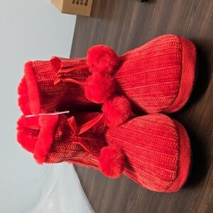 La Vie En Rose Red Faux Fur Lined Ankle Bootie Slippers